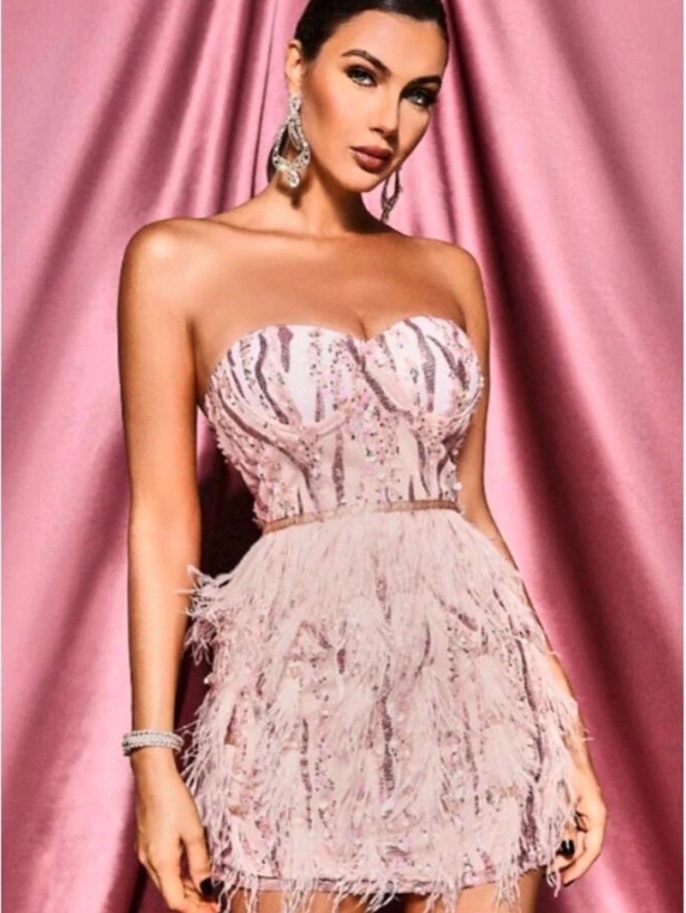 Bella Barnett Pink Feather Sequin Mini Dress Size Small NWT